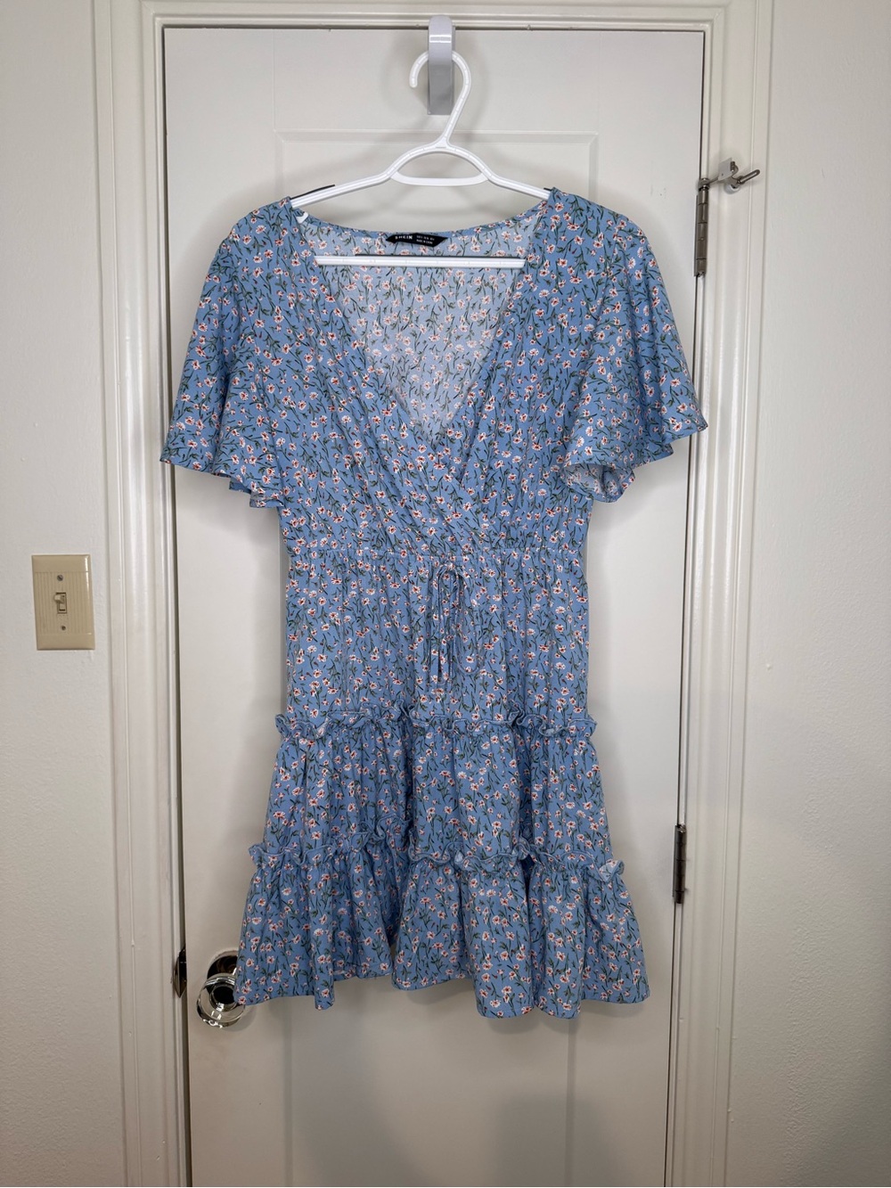 Light Blue Floral Wrap Dress with Ruffle Hem